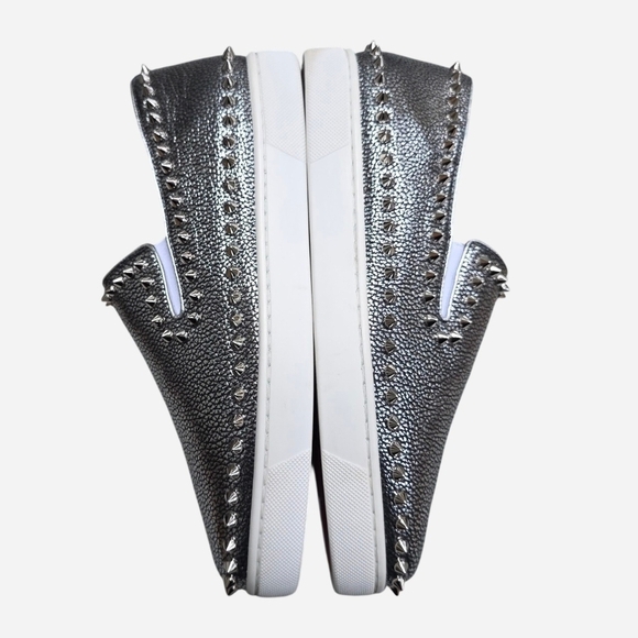 Christian Louboutin Pik Boat Metallic Silver Leather Spiked Slip On Sneakers 40 - Picture 5 of 13